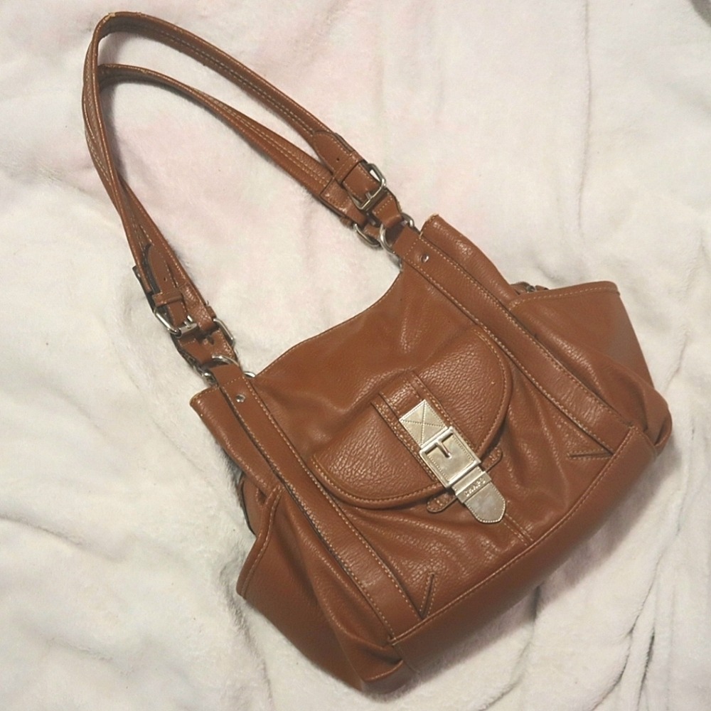 Chaps Brown Pebbled Faux Leather Shoulder Bag Buckle Detail Purse